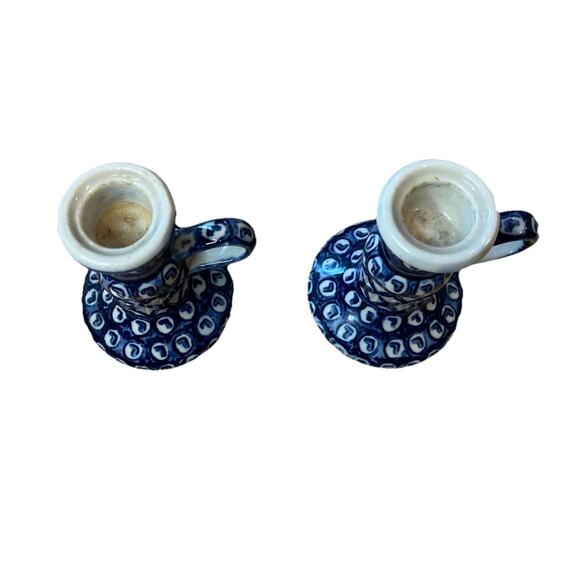 Candlestick Pair Candle Holder Chamber-stick Blue Finger Ring Polish Pottery? - Picture 3 of 7